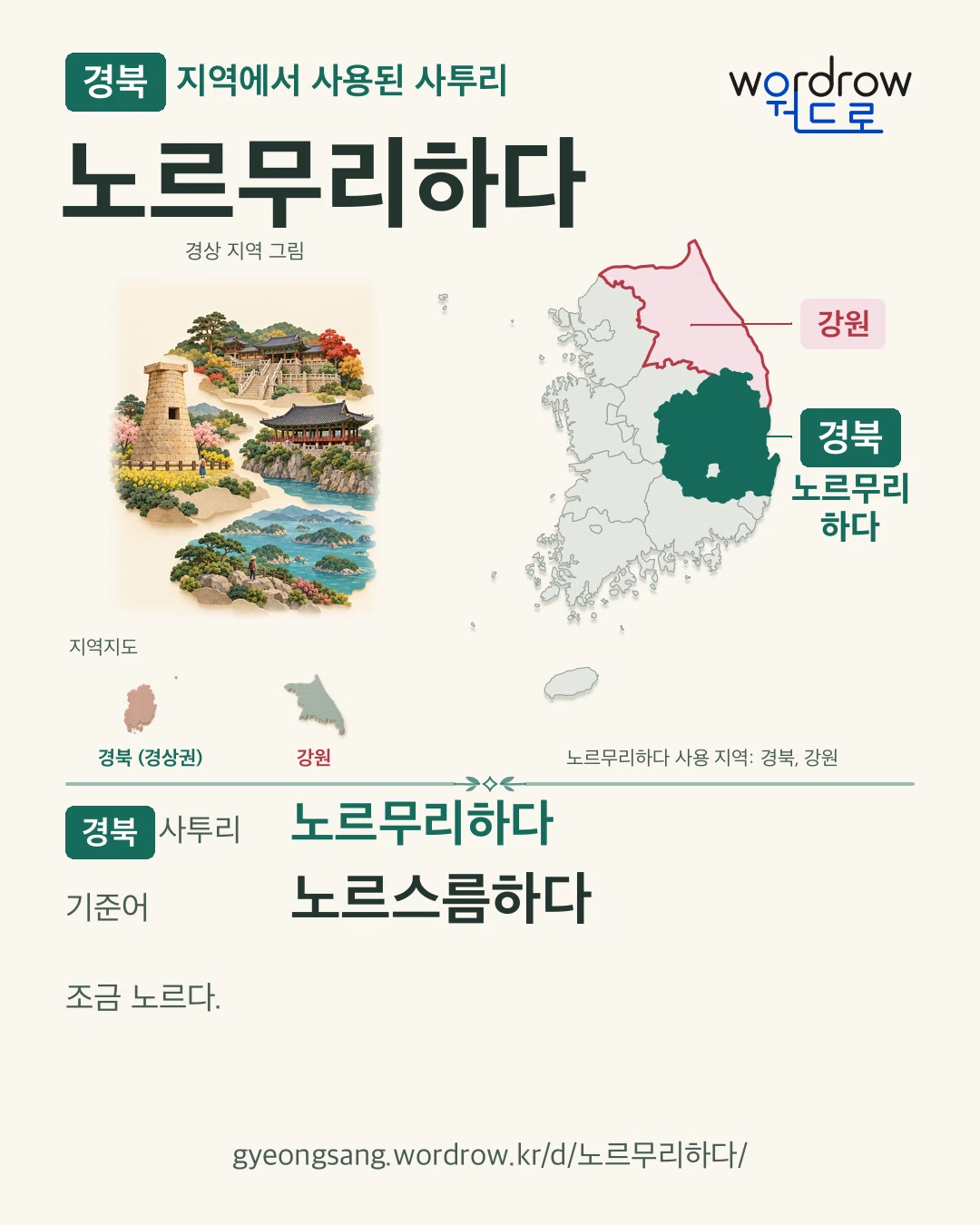 경북 지역에서 사용된 사투리 ‘노르무리하다’. 기준어: 노르스름하다. 기록 지역을 표시한 지역 그림과 지도 카드.
