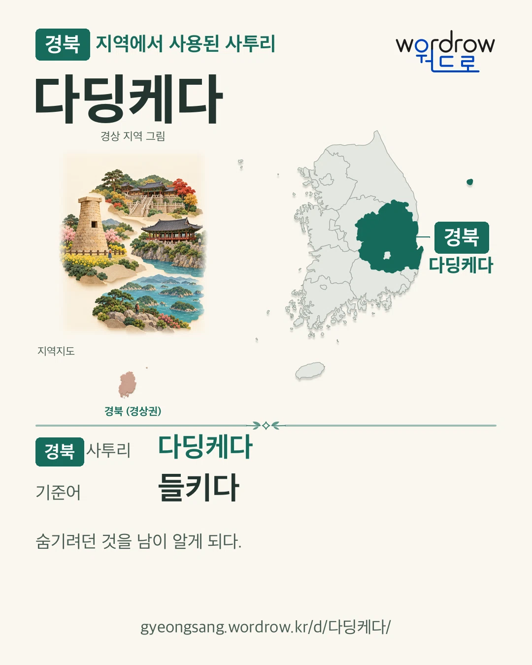 경북 지역에서 사용된 사투리 ‘다딩케다’. 기준어: 들키다. 기록 지역을 표시한 지역 그림과 지도 카드.