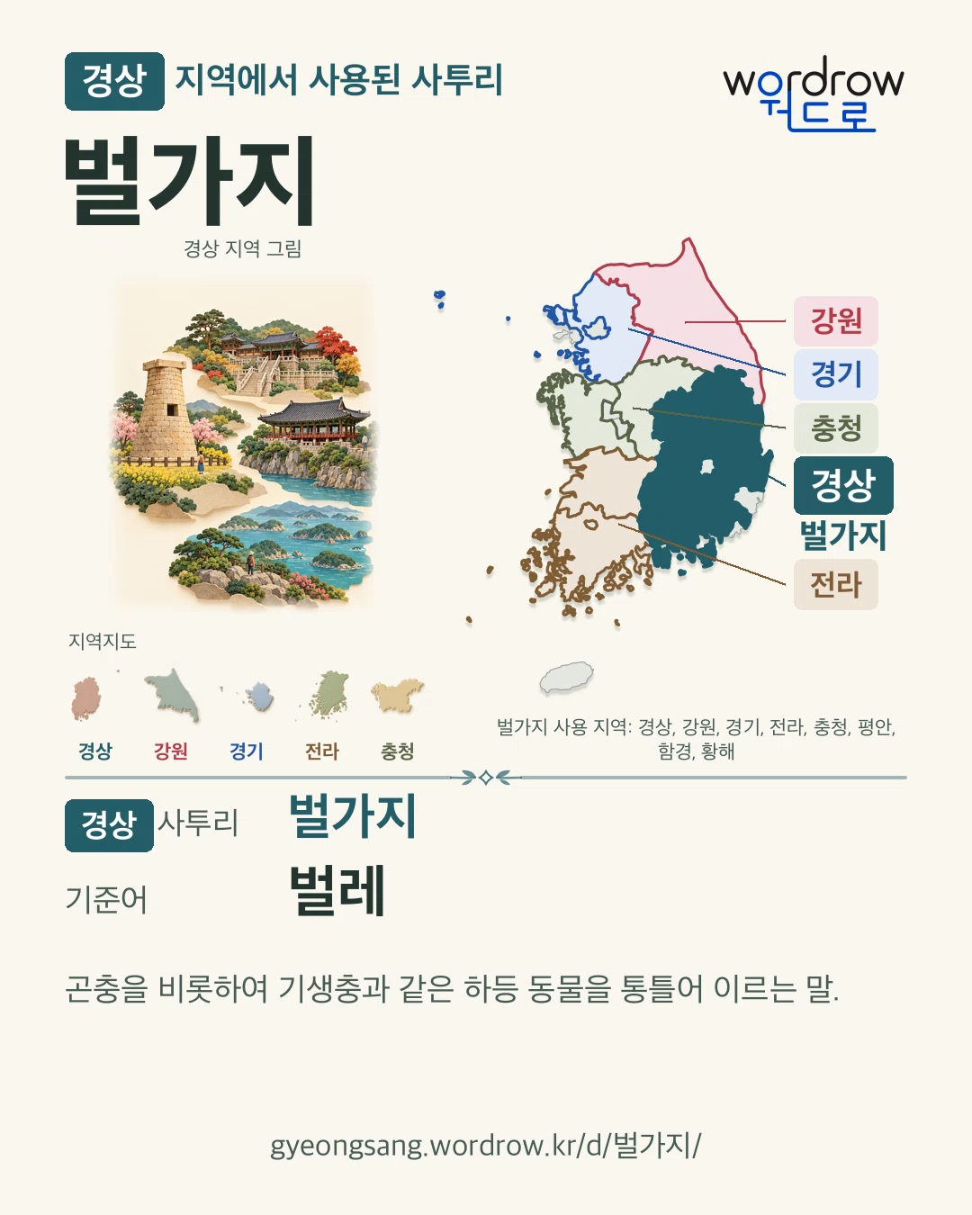 경상 지역에서 사용된 사투리 ‘벌가지’. 기준어: 벌레. 기록 지역을 표시한 지역 그림과 지도 카드.
