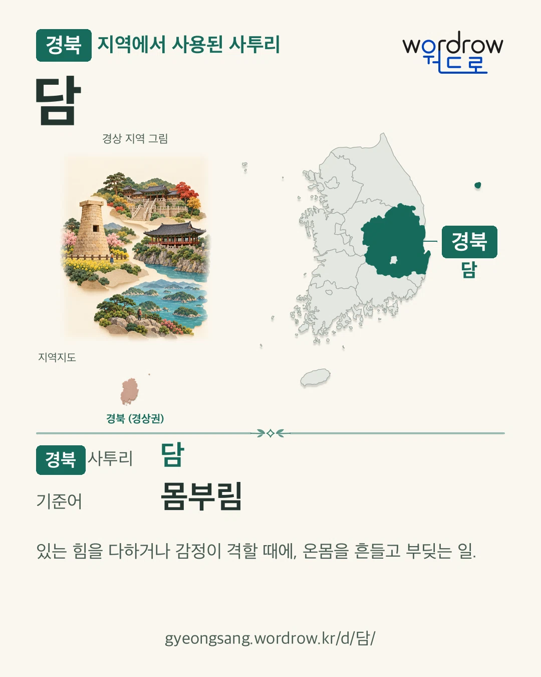 경북 지역에서 사용된 사투리 ‘담’. 기준어: 몸부림. 기록 지역을 표시한 지역 그림과 지도 카드.