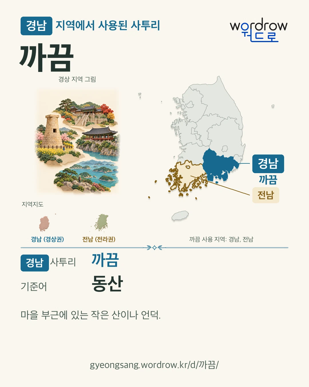 경남 지역에서 사용된 사투리 ‘까끔’. 기준어: 동산. 기록 지역을 표시한 지역 그림과 지도 카드.