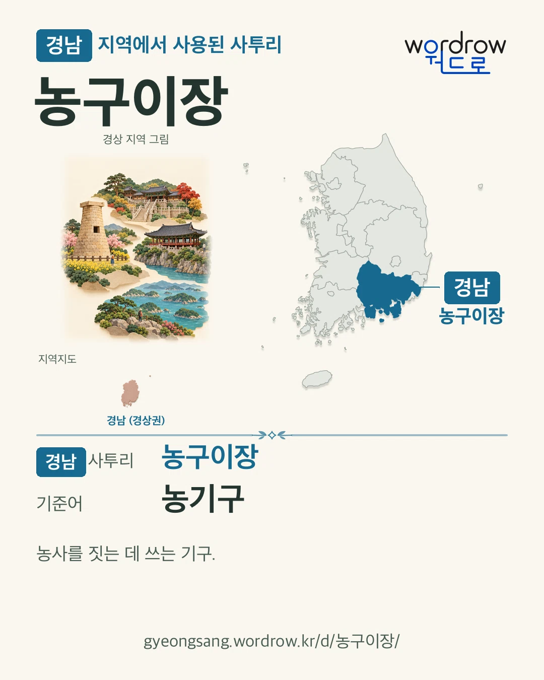 경남 지역에서 사용된 사투리 ‘농구이장’. 기준어: 농기구. 기록 지역을 표시한 지역 그림과 지도 카드.