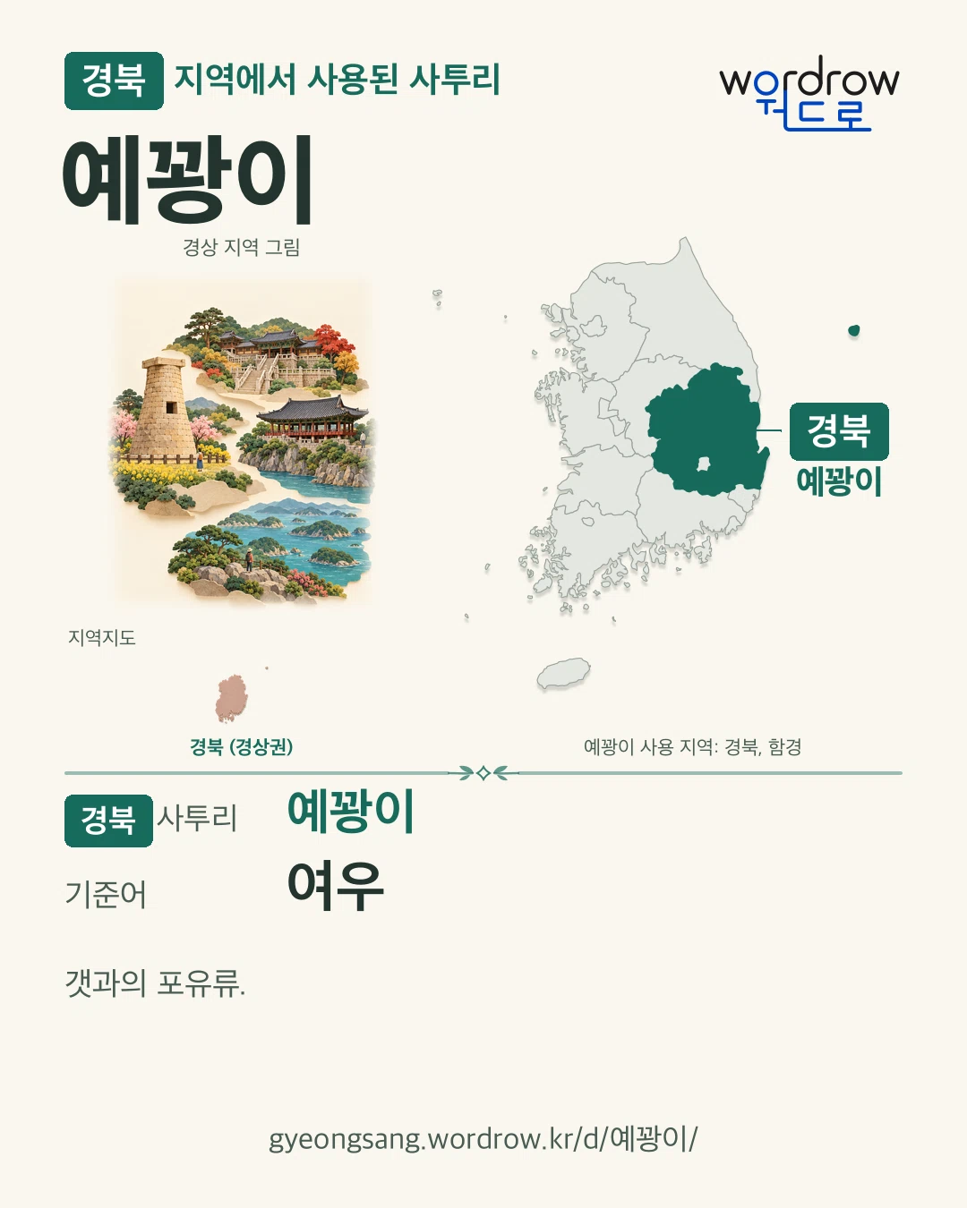 경북 지역에서 사용된 사투리 ‘예꽝이’. 기준어: 여우. 기록 지역을 표시한 지역 그림과 지도 카드.