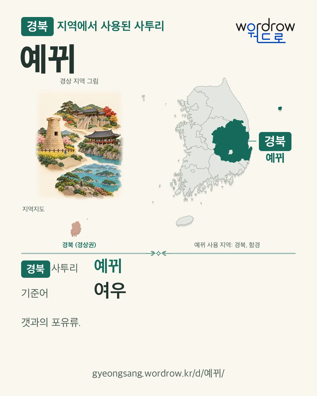 경북 지역에서 사용된 사투리 ‘예뀌’. 기준어: 여우. 기록 지역을 표시한 지역 그림과 지도 카드.