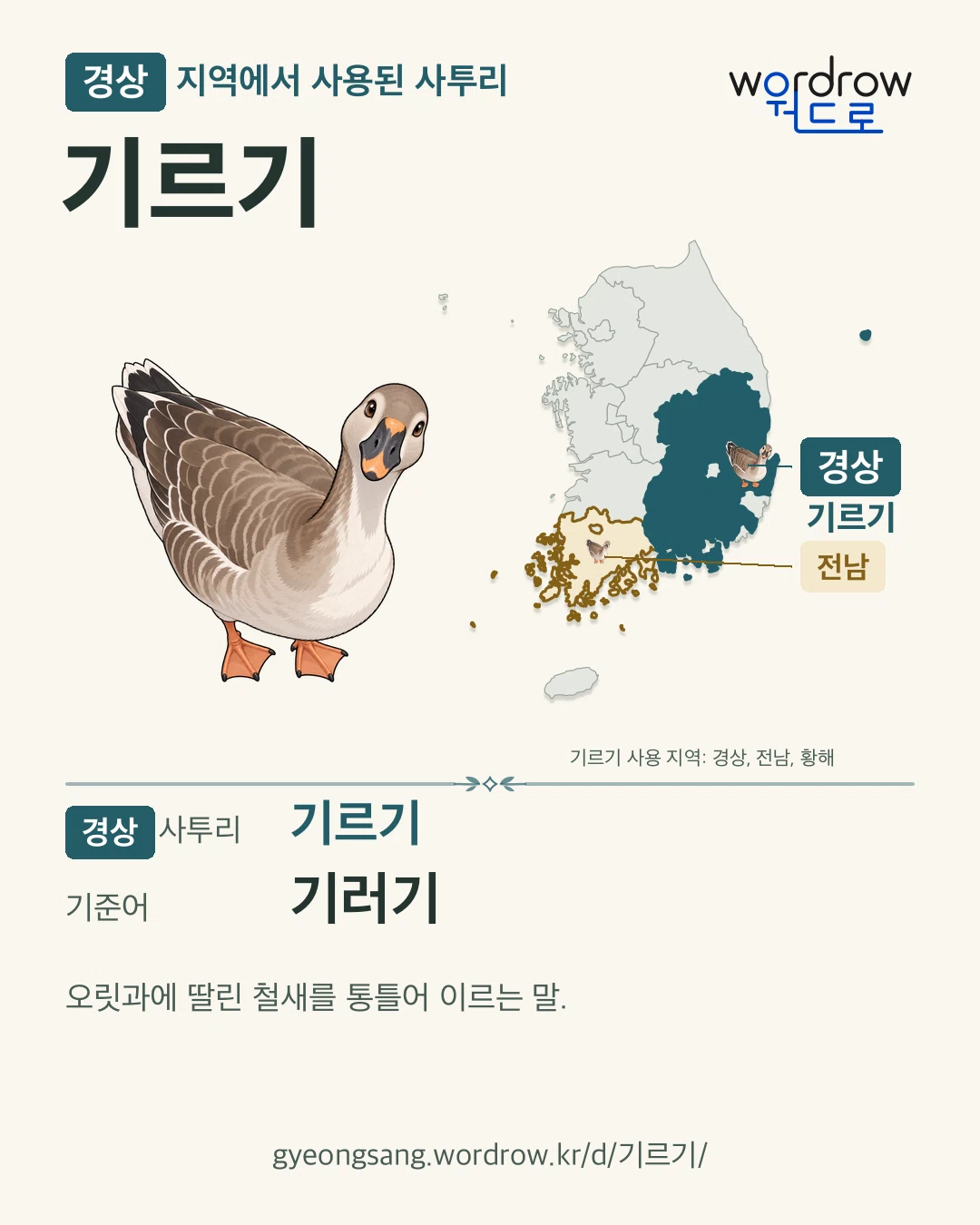 경상 지역에서 사용된 사투리 ‘기르기’. 기준어: 기러기. 기록 지역을 표시한 카툰 삽화와 지도 카드.