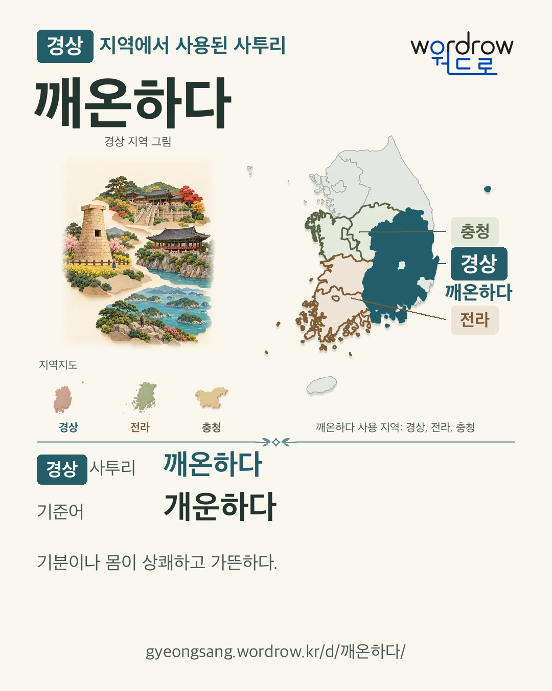 경상 지역에서 사용된 사투리 ‘깨온하다’. 기준어: 개운하다. 기록 지역을 표시한 지역 그림과 지도 카드.