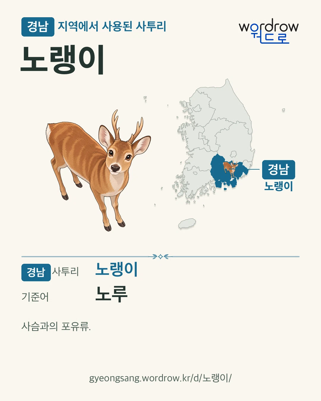 경남 지역에서 사용된 사투리 ‘노랭이’. 기준어: 노루. 기록 지역을 표시한 카툰 삽화와 지도 카드.