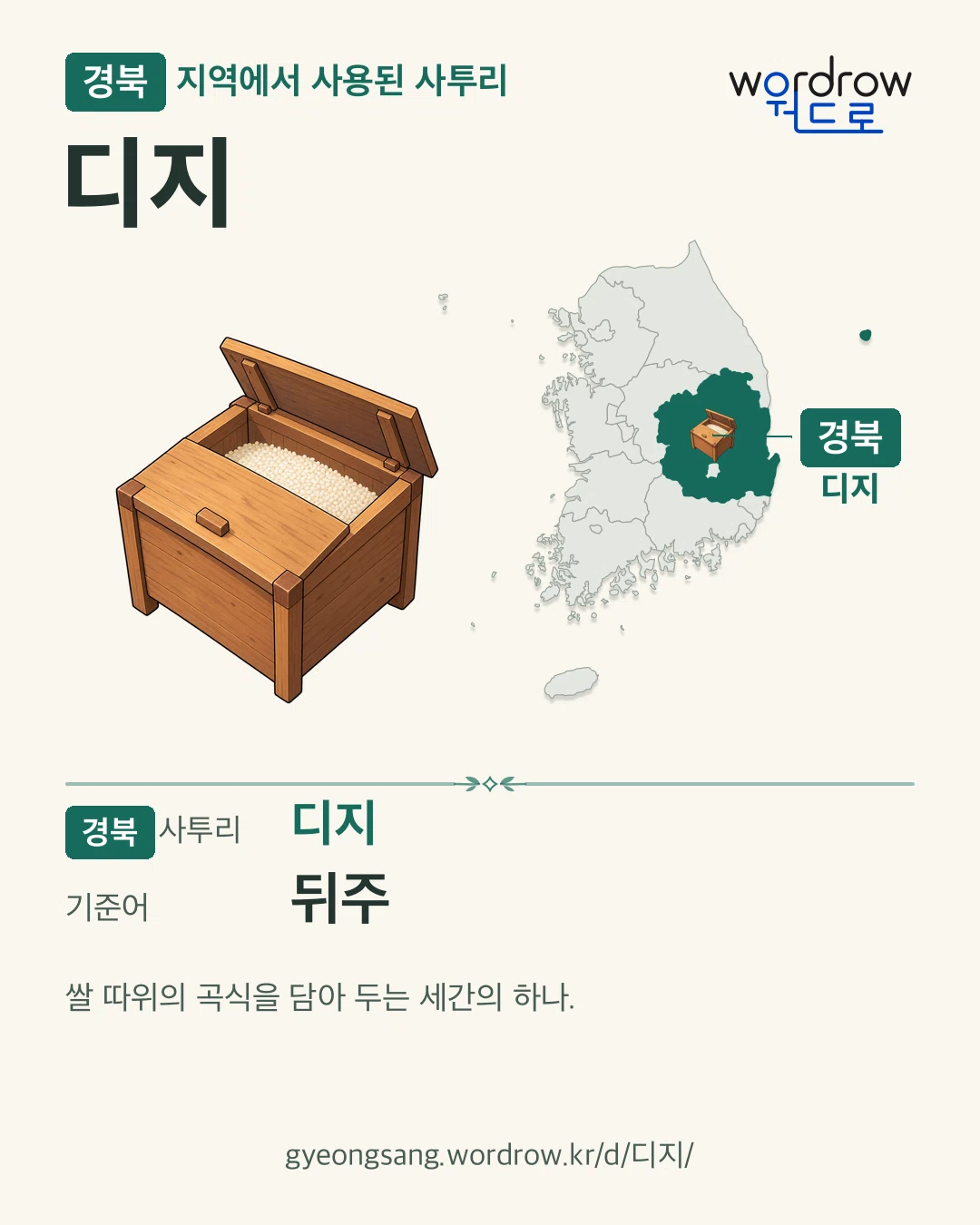경북 지역에서 사용된 사투리 ‘디지’. 기준어: 뒤주. 기록 지역을 표시한 카툰 삽화와 지도 카드.