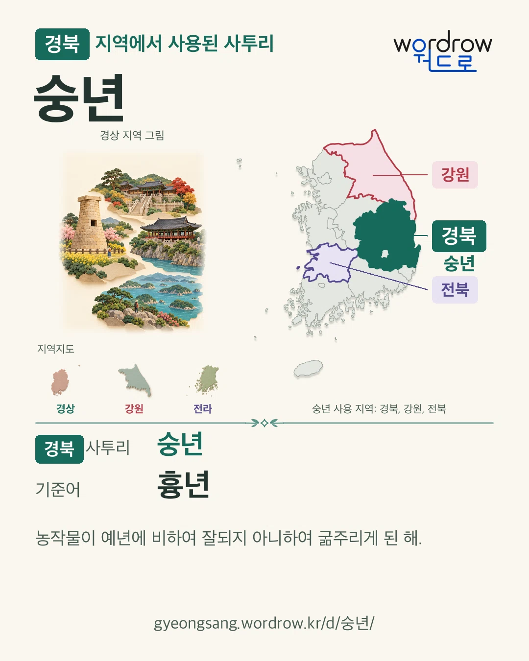 경북 지역에서 사용된 사투리 ‘숭년’. 기준어: 흉년. 기록 지역을 표시한 지역 그림과 지도 카드.