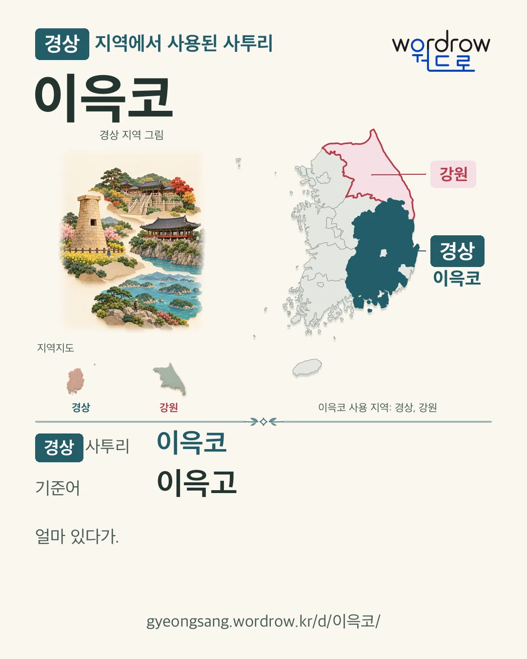 경상 지역에서 사용된 사투리 ‘이윽코’. 기준어: 이윽고. 기록 지역을 표시한 지역 그림과 지도 카드.