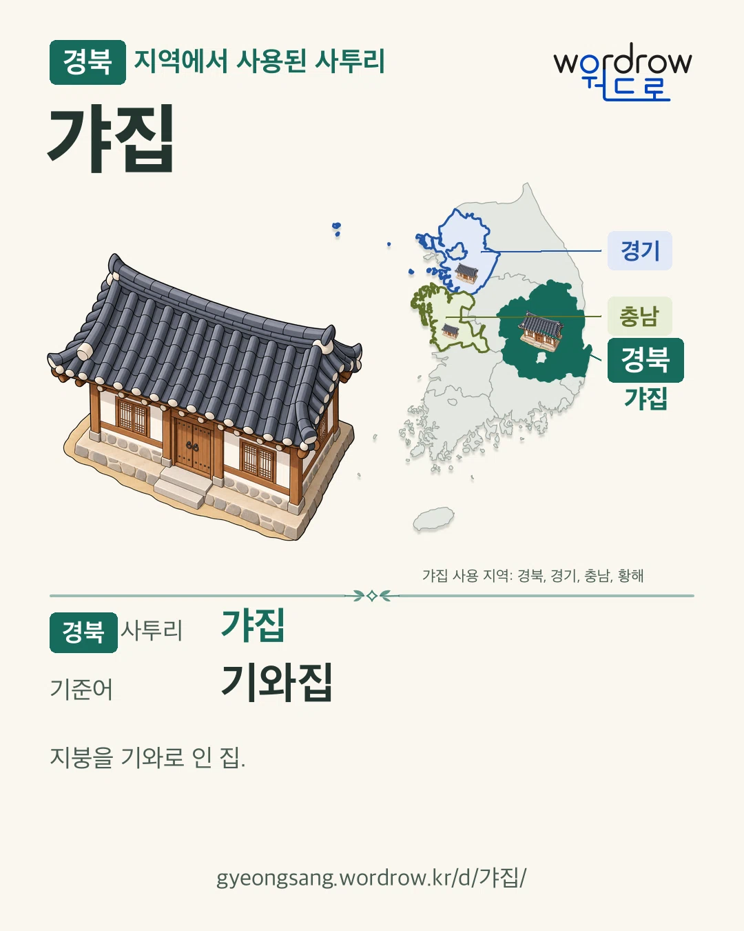 경북 지역에서 사용된 사투리 ‘갸집’. 기준어: 기와집. 기록 지역을 표시한 카툰 삽화와 지도 카드.