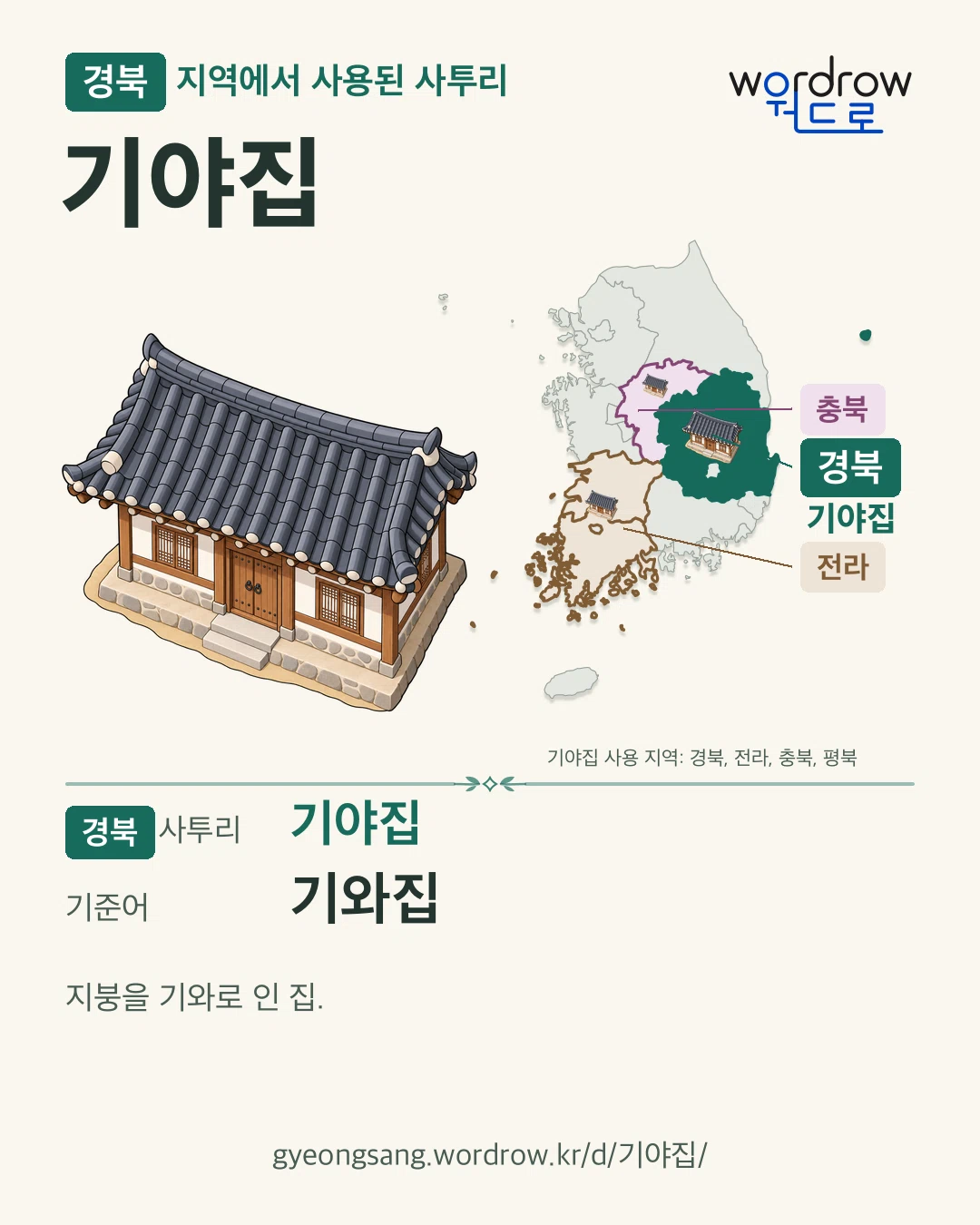 경북 지역에서 사용된 사투리 ‘기야집’. 기준어: 기와집. 기록 지역을 표시한 카툰 삽화와 지도 카드.