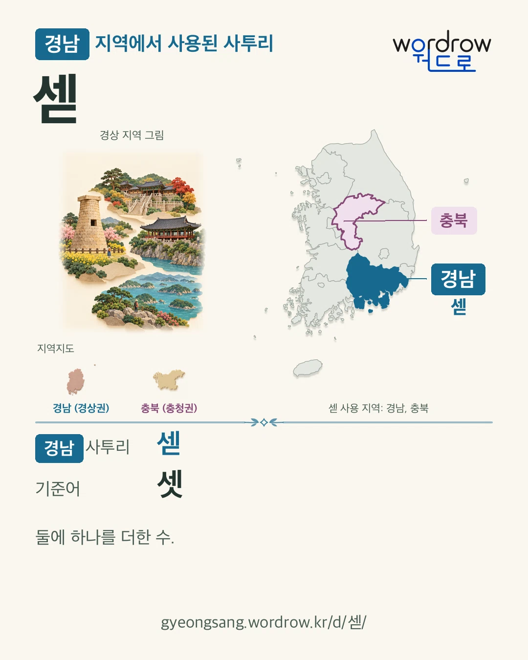 경남 지역에서 사용된 사투리 ‘섿’. 기준어: 셋. 기록 지역을 표시한 지역 그림과 지도 카드.
