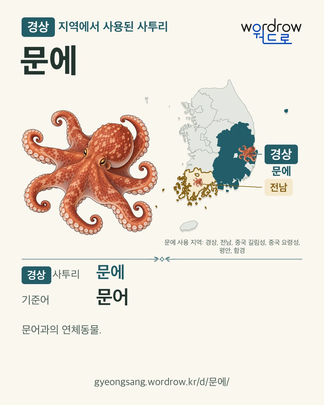 경상 지역에서 사용된 사투리 ‘문에’. 기준어: 문어. 기록 지역을 표시한 카툰 삽화와 지도 카드.