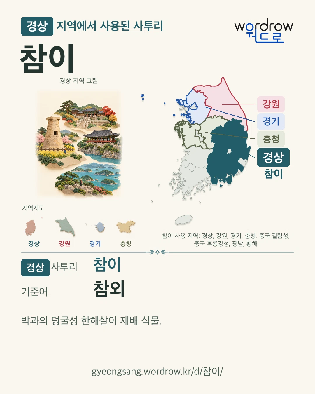 경상 지역에서 사용된 사투리 ‘참이’. 기준어: 참외. 기록 지역을 표시한 지역 그림과 지도 카드.