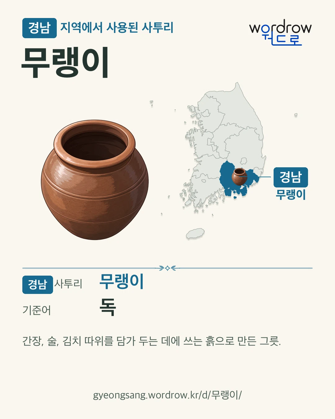 경남 지역에서 사용된 사투리 ‘무랭이’. 기준어: 독. 기록 지역을 표시한 카툰 삽화와 지도 카드.