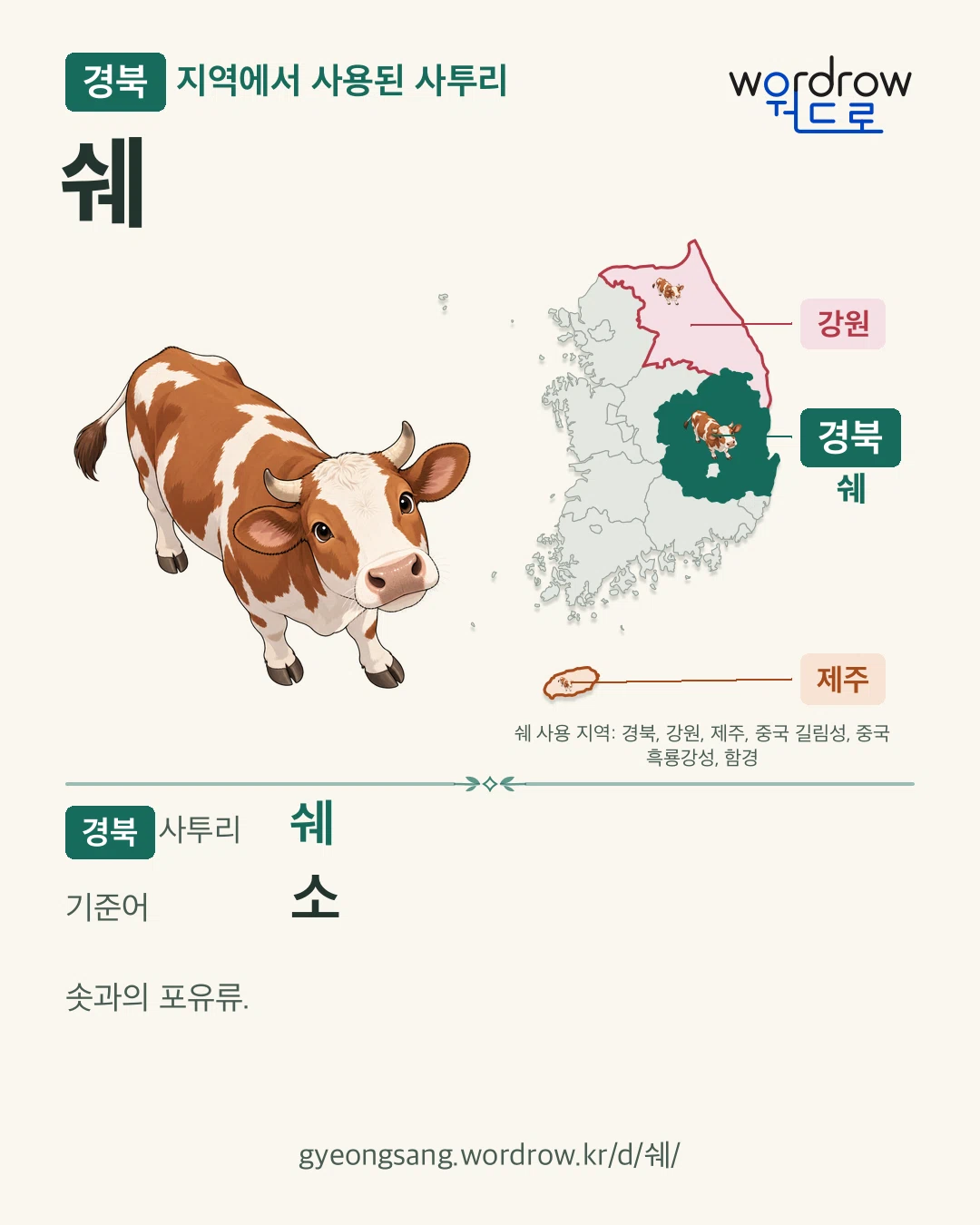 경북 지역에서 사용된 사투리 ‘쉐’. 기준어: 소. 기록 지역을 표시한 카툰 삽화와 지도 카드.