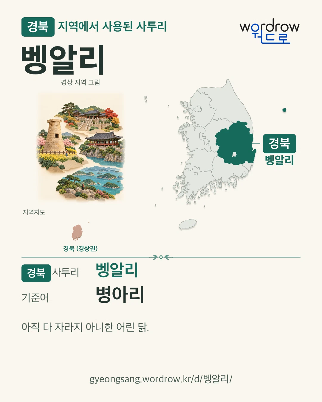 경북 지역에서 사용된 사투리 ‘벵알리’. 기준어: 병아리. 기록 지역을 표시한 지역 그림과 지도 카드.