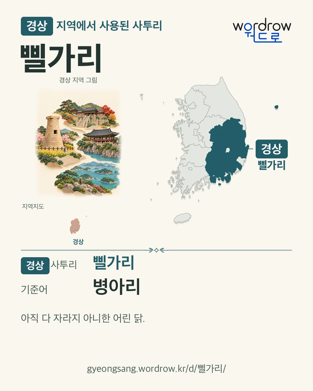 경상 지역에서 사용된 사투리 ‘삘가리’. 기준어: 병아리. 기록 지역을 표시한 지역 그림과 지도 카드.