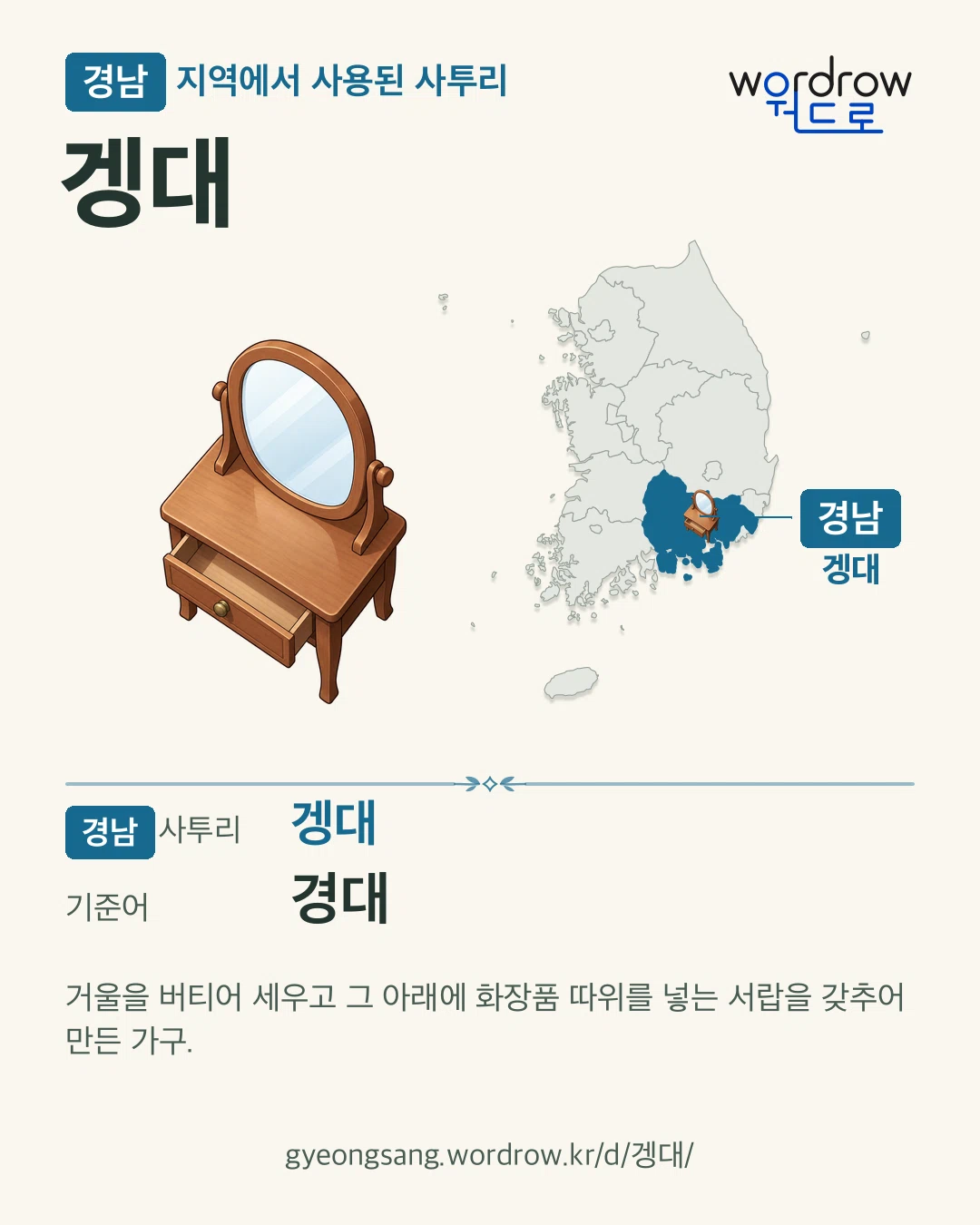 경남 지역에서 사용된 사투리 ‘겡대’. 기준어: 경대. 기록 지역을 표시한 카툰 삽화와 지도 카드.