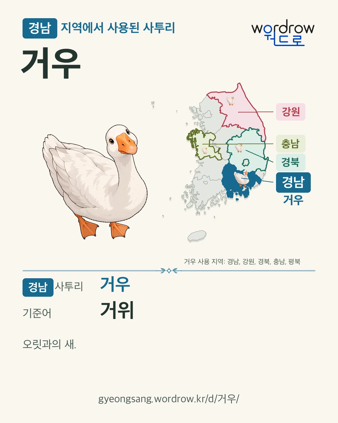 경남 지역에서 사용된 사투리 ‘거우’. 기준어: 거위. 기록 지역을 표시한 카툰 삽화와 지도 카드.