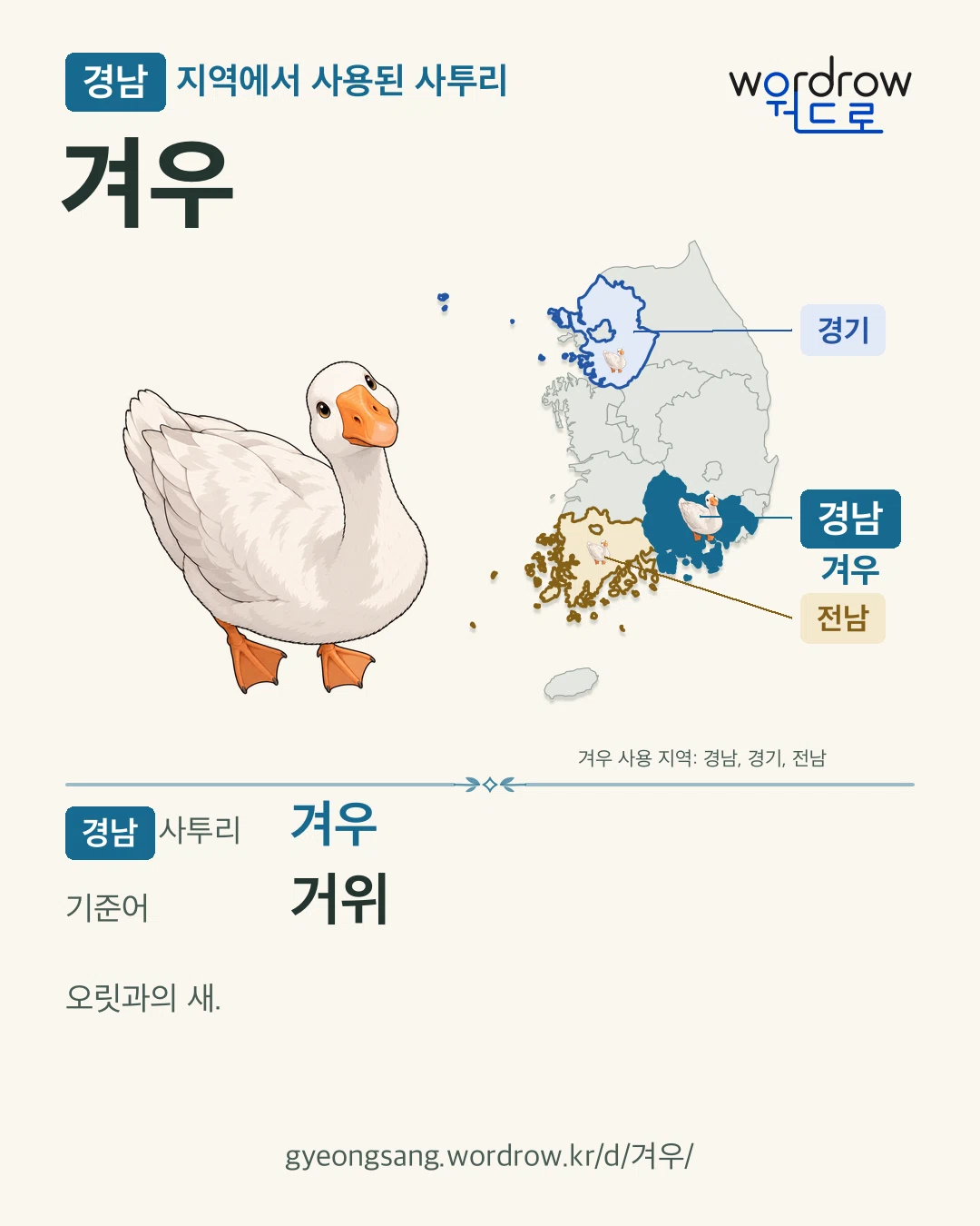 경남 지역에서 사용된 사투리 ‘겨우’. 기준어: 거위. 기록 지역을 표시한 카툰 삽화와 지도 카드.