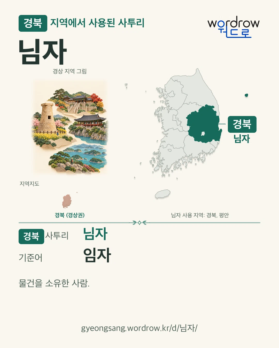 경북 지역에서 사용된 사투리 ‘님자’. 기준어: 임자. 기록 지역을 표시한 지역 그림과 지도 카드.