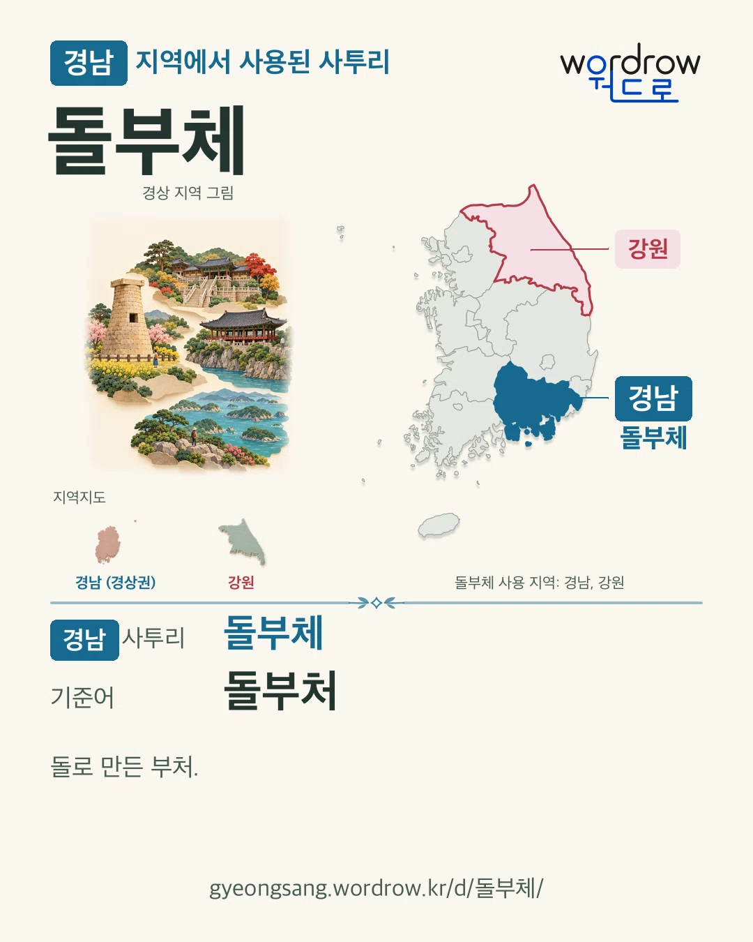 경남 지역에서 사용된 사투리 ‘돌부체’. 기준어: 돌부처. 기록 지역을 표시한 지역 그림과 지도 카드.