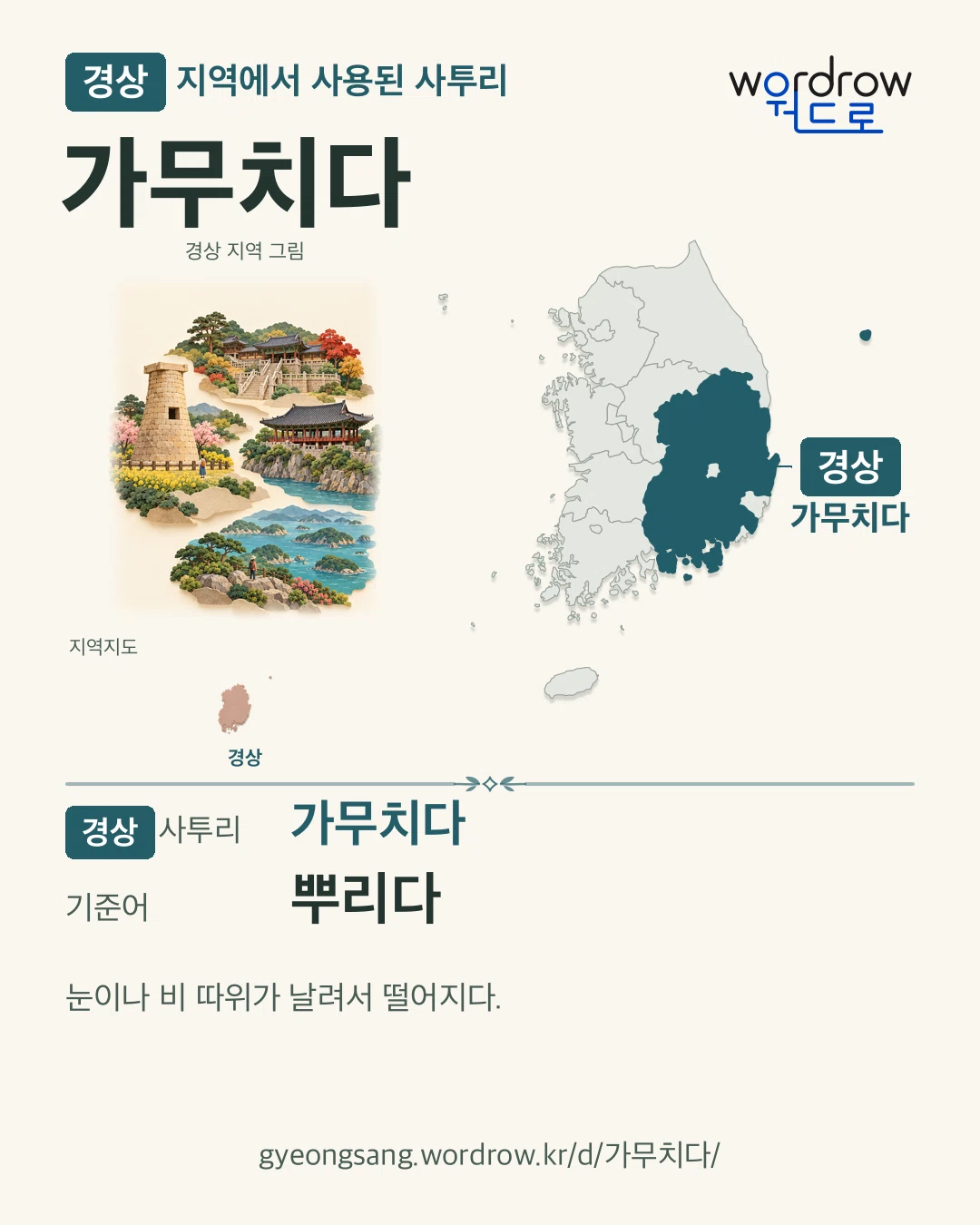 경상 지역에서 사용된 사투리 ‘가무치다’. 기준어: 뿌리다. 기록 지역을 표시한 지역 그림과 지도 카드.