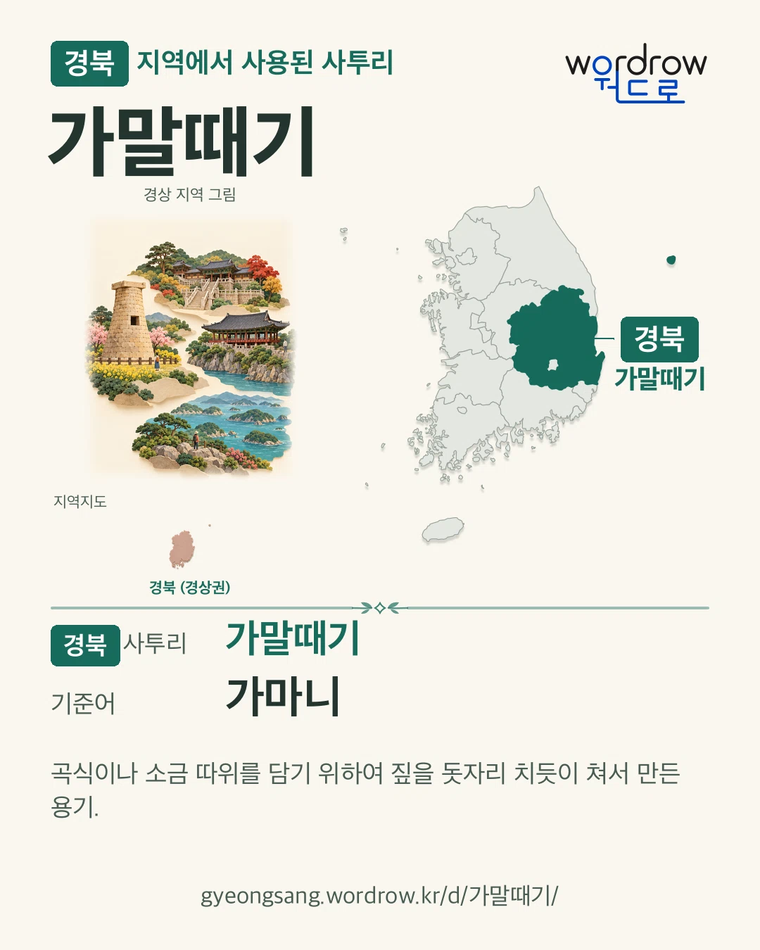경북 지역에서 사용된 사투리 ‘가말때기’. 기준어: 가마니. 기록 지역을 표시한 지역 그림과 지도 카드.