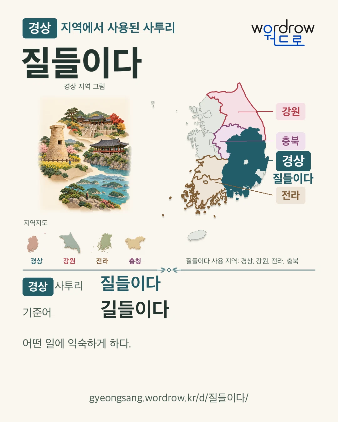 경상 지역에서 사용된 사투리 ‘질들이다’. 기준어: 길들이다. 기록 지역을 표시한 지역 그림과 지도 카드.