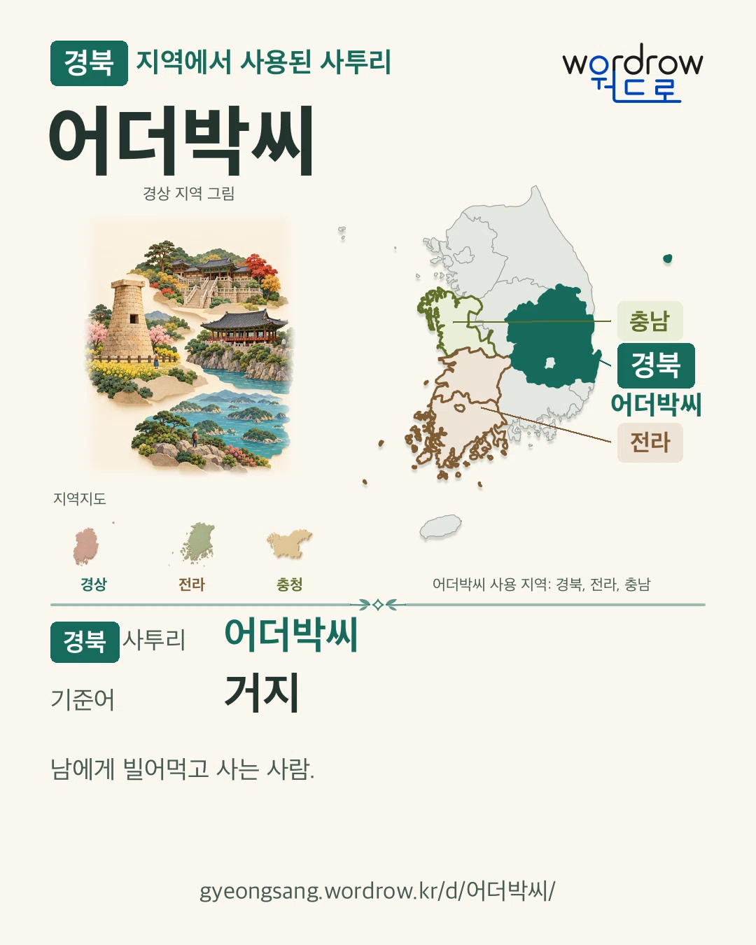 경북 지역에서 사용된 사투리 ‘어더박씨’. 기준어: 거지. 기록 지역을 표시한 지역 그림과 지도 카드.