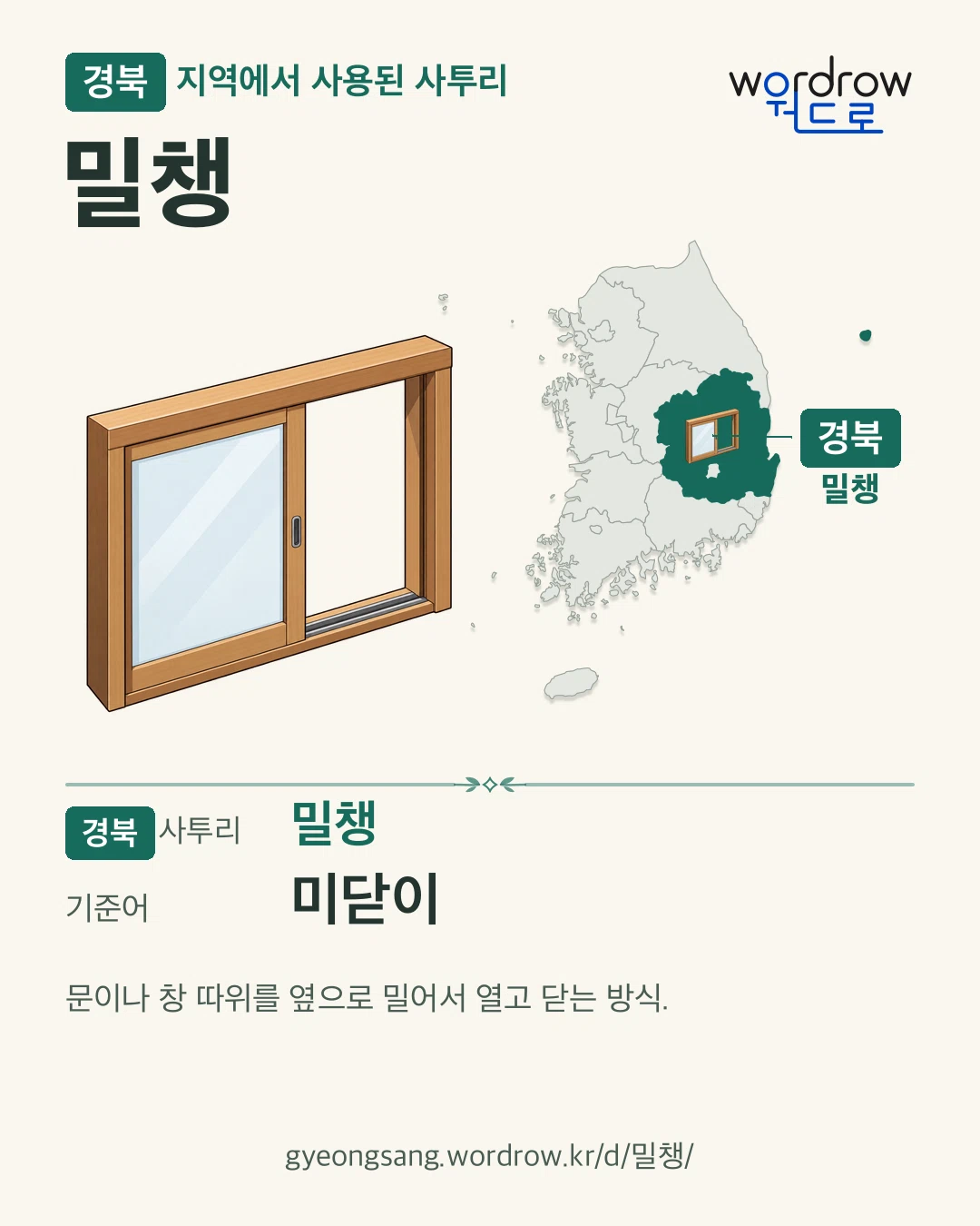 경북 지역에서 사용된 사투리 ‘밀챙’. 기준어: 미닫이. 기록 지역을 표시한 카툰 삽화와 지도 카드.
