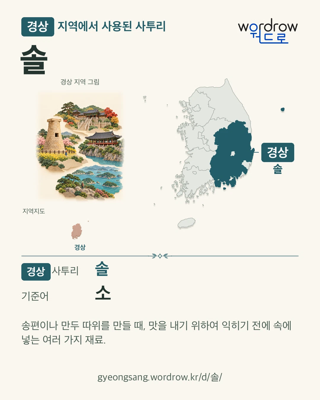 경상 지역에서 사용된 사투리 ‘솔’. 기준어: 소. 기록 지역을 표시한 지역 그림과 지도 카드.