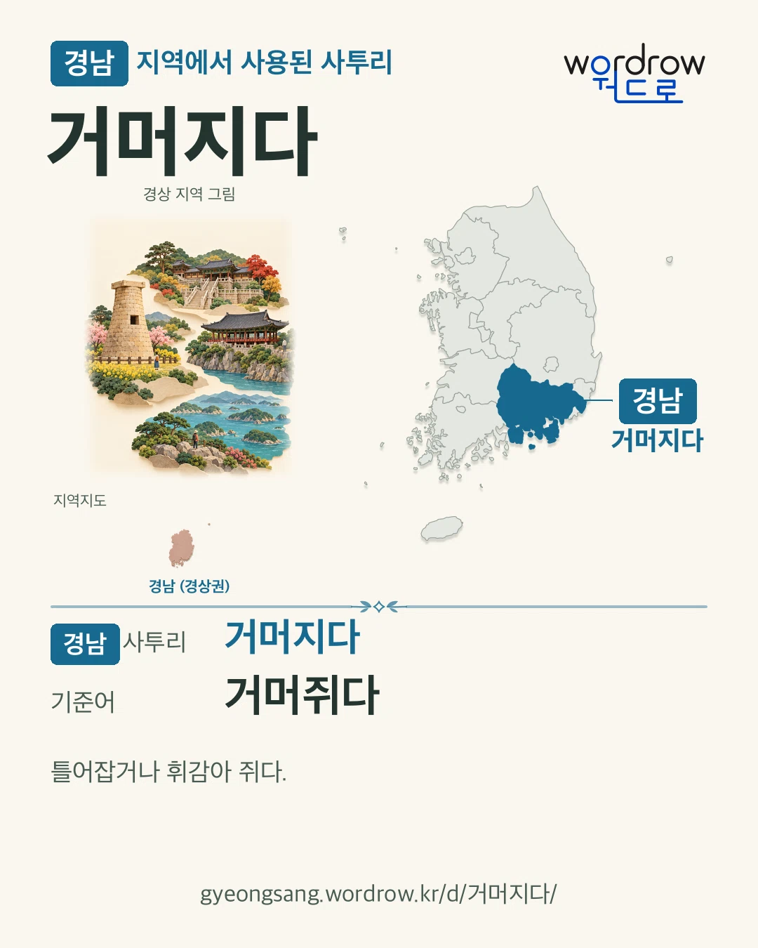 경남 지역에서 사용된 사투리 ‘거머지다’. 기준어: 거머쥐다. 기록 지역을 표시한 지역 그림과 지도 카드.