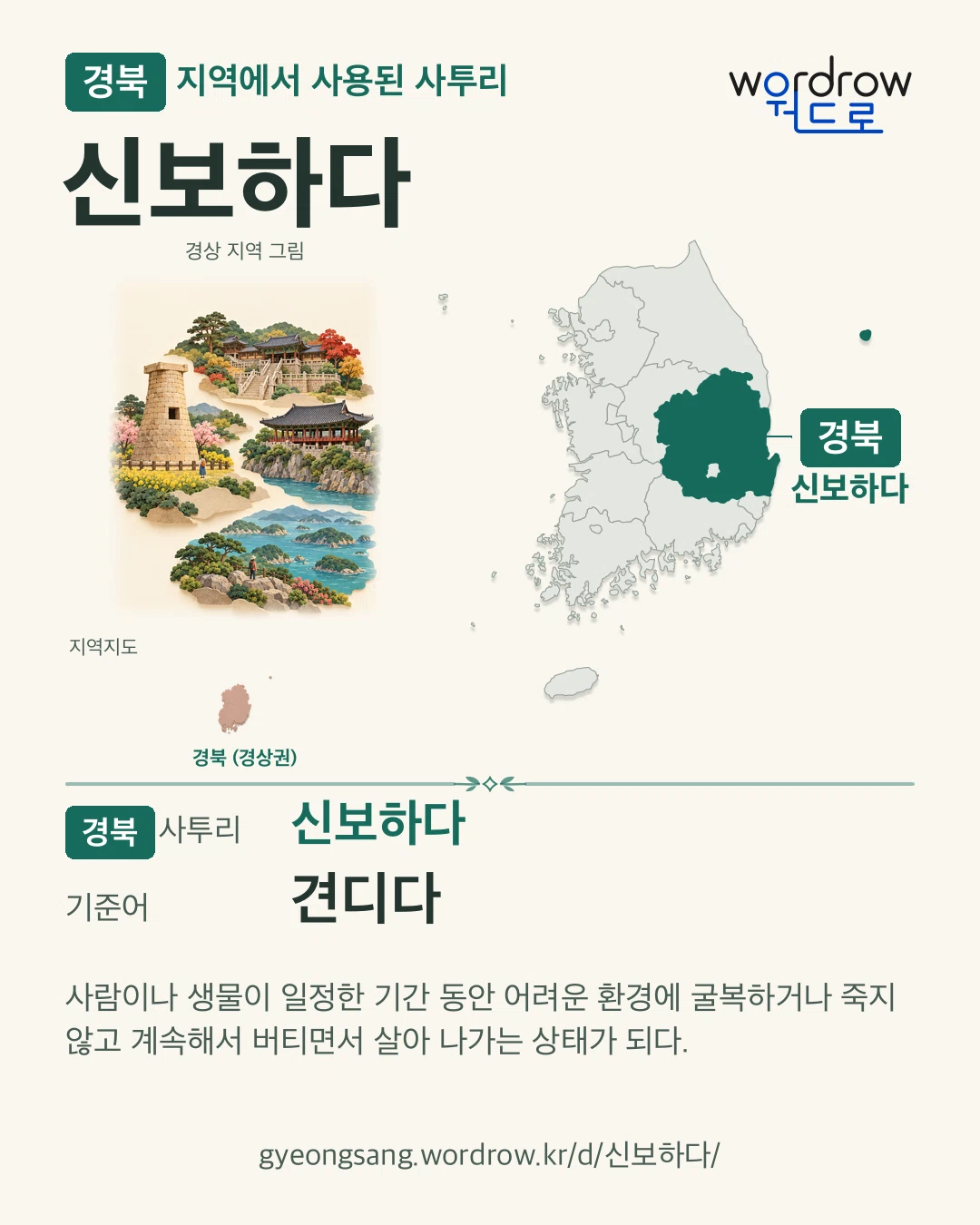 경북 지역에서 사용된 사투리 ‘신보하다’. 기준어: 견디다. 기록 지역을 표시한 지역 그림과 지도 카드.