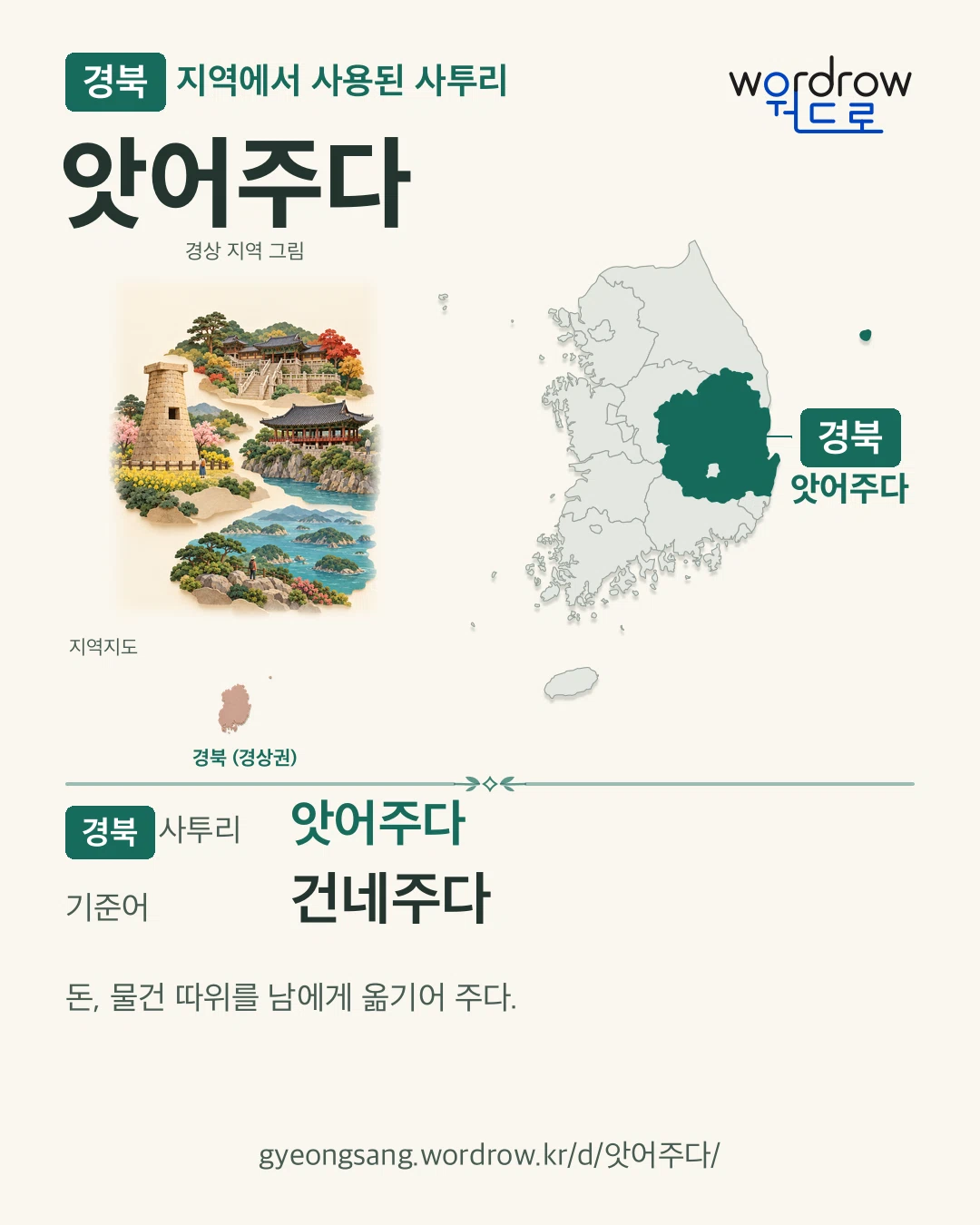 경북 지역에서 사용된 사투리 ‘앗어주다’. 기준어: 건네주다. 기록 지역을 표시한 지역 그림과 지도 카드.