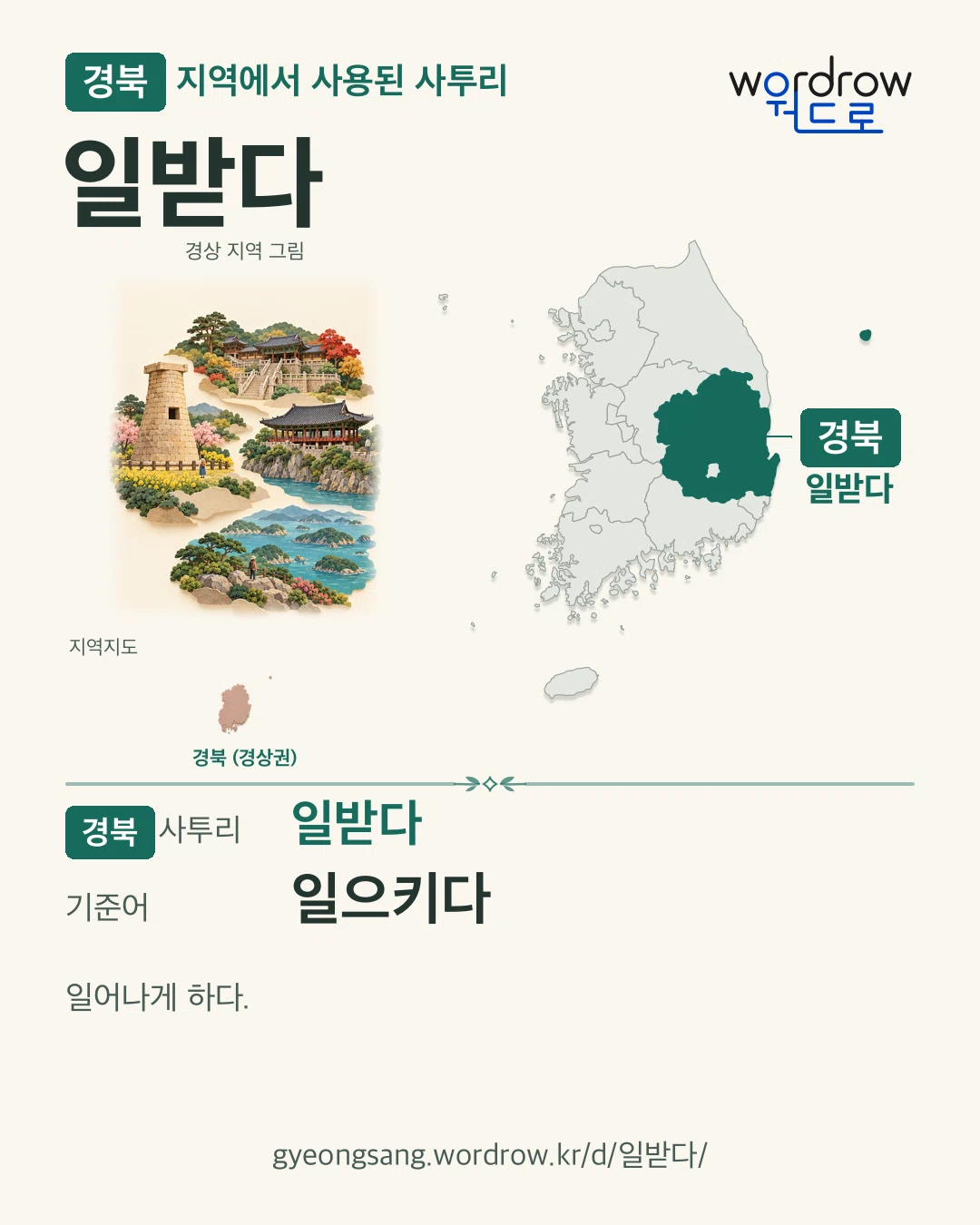 경북 지역에서 사용된 사투리 ‘일받다’. 기준어: 일으키다. 기록 지역을 표시한 지역 그림과 지도 카드.