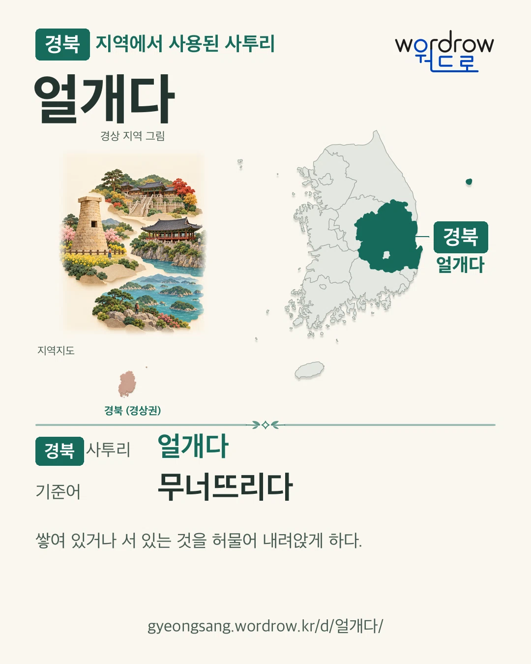 경북 지역에서 사용된 사투리 ‘얼개다’. 기준어: 무너뜨리다. 기록 지역을 표시한 지역 그림과 지도 카드.