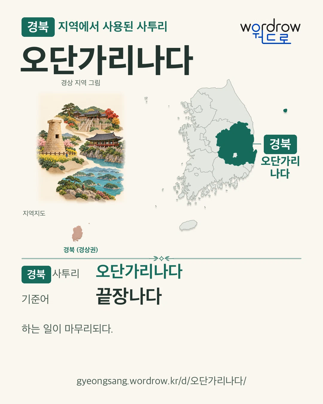 경북 지역에서 사용된 사투리 ‘오단가리나다’. 기준어: 끝장나다. 기록 지역을 표시한 지역 그림과 지도 카드.