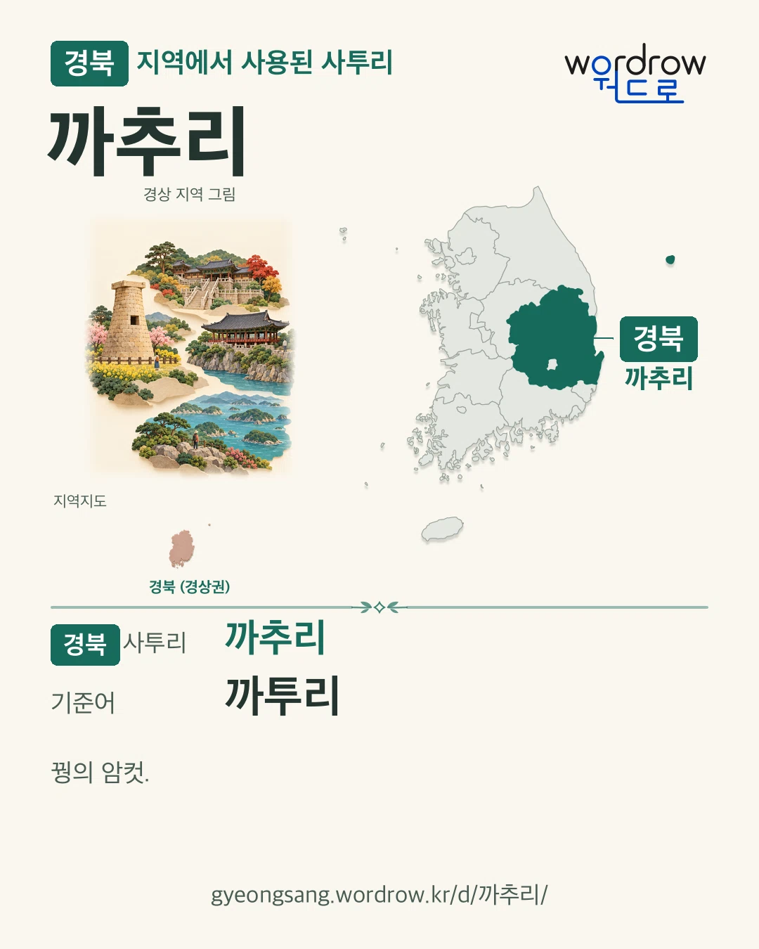 경북 지역에서 사용된 사투리 ‘까추리’. 기준어: 까투리. 기록 지역을 표시한 지역 그림과 지도 카드.