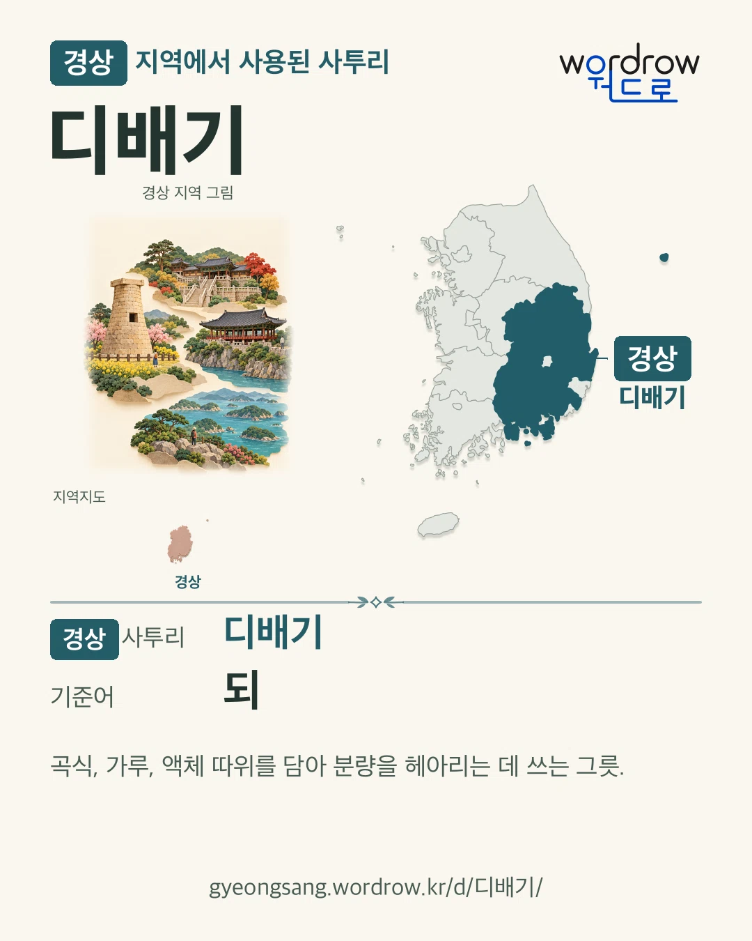 경상 지역에서 사용된 사투리 ‘디배기’. 기준어: 되. 기록 지역을 표시한 지역 그림과 지도 카드.