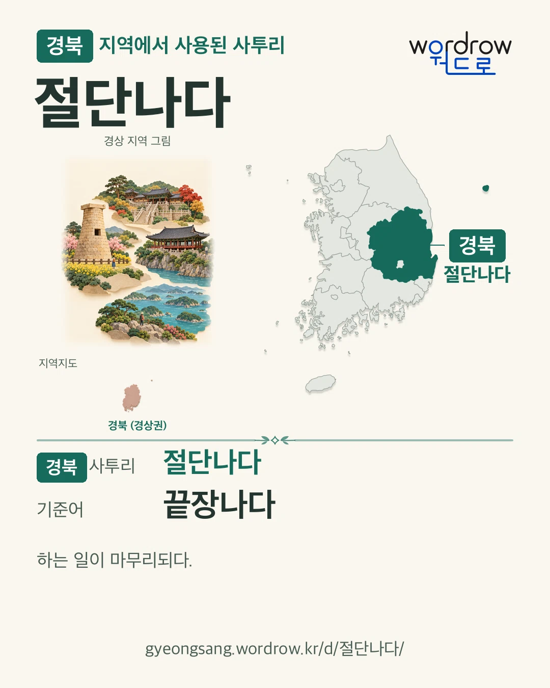 경북 지역에서 사용된 사투리 ‘절단나다’. 기준어: 끝장나다. 기록 지역을 표시한 지역 그림과 지도 카드.