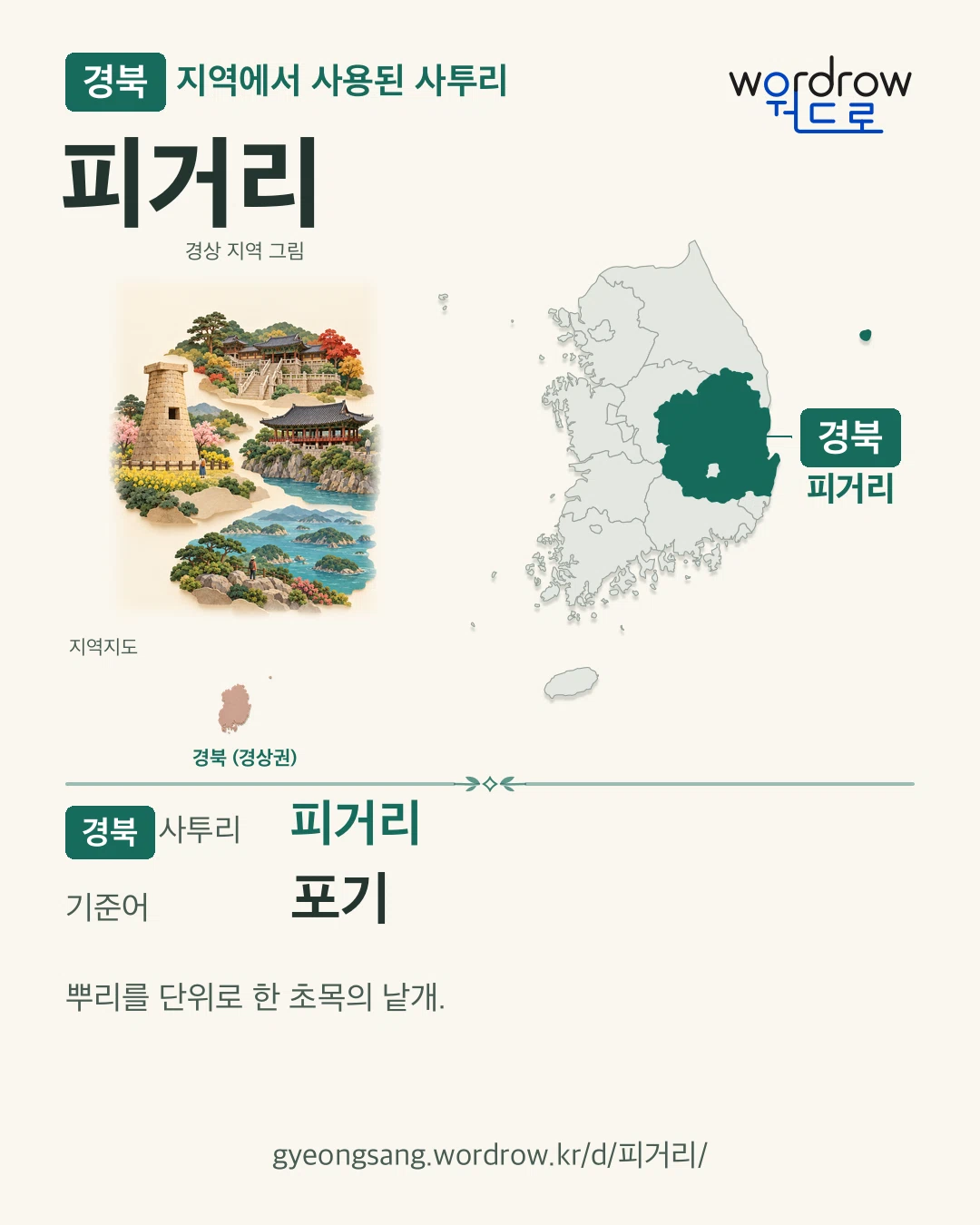 경북 지역에서 사용된 사투리 ‘피거리’. 기준어: 포기. 기록 지역을 표시한 지역 그림과 지도 카드.
