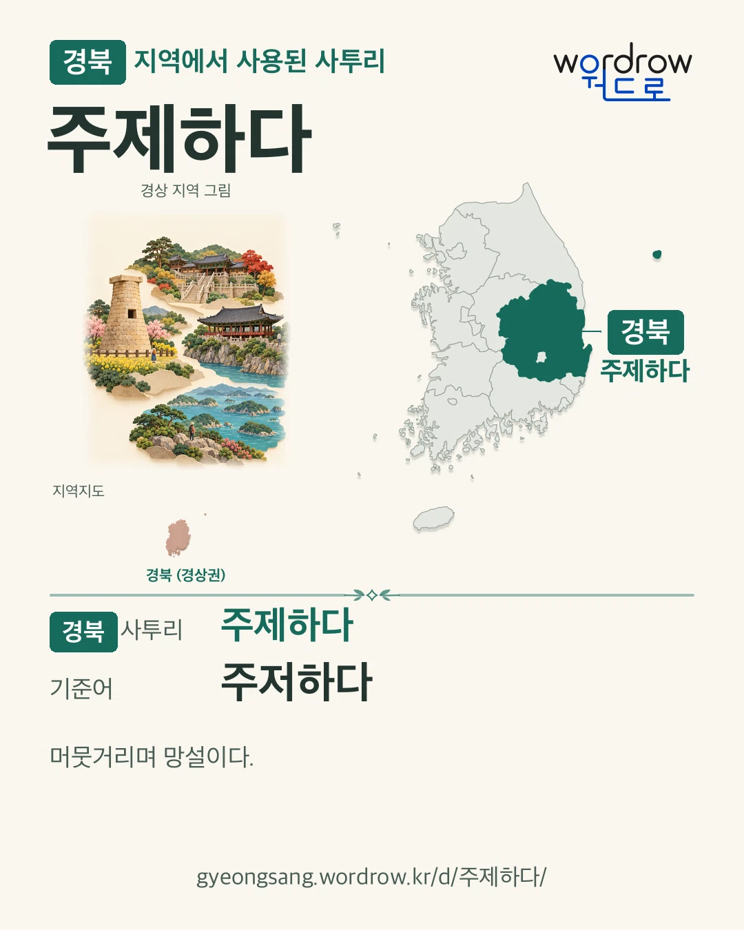 경북 지역에서 사용된 사투리 ‘주제하다’. 기준어: 주저하다. 기록 지역을 표시한 지역 그림과 지도 카드.