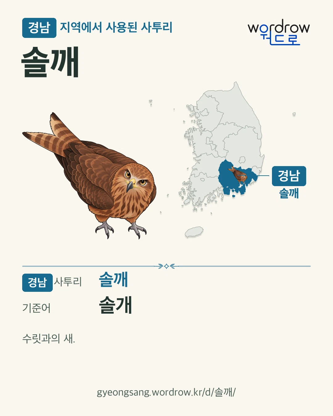 경남 지역에서 사용된 사투리 ‘솔깨’. 기준어: 솔개. 기록 지역을 표시한 카툰 삽화와 지도 카드.