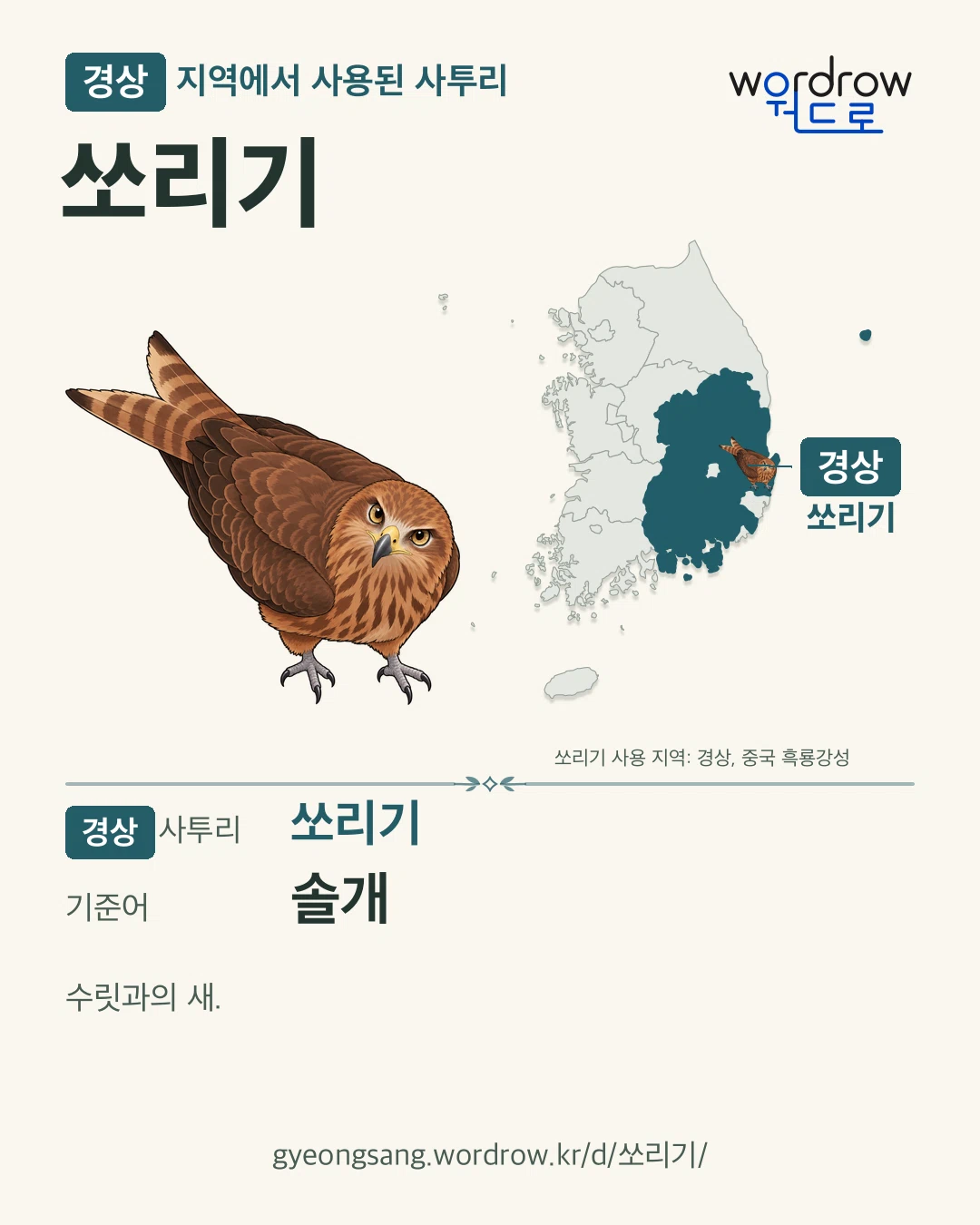 경상 지역에서 사용된 사투리 ‘쏘리기’. 기준어: 솔개. 기록 지역을 표시한 카툰 삽화와 지도 카드.