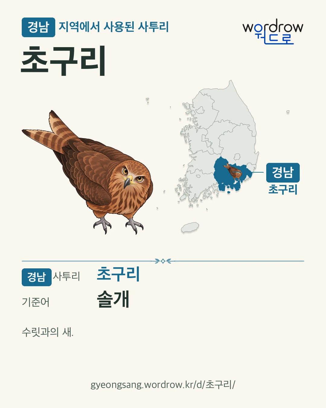경남 지역에서 사용된 사투리 ‘초구리’. 기준어: 솔개. 기록 지역을 표시한 카툰 삽화와 지도 카드.