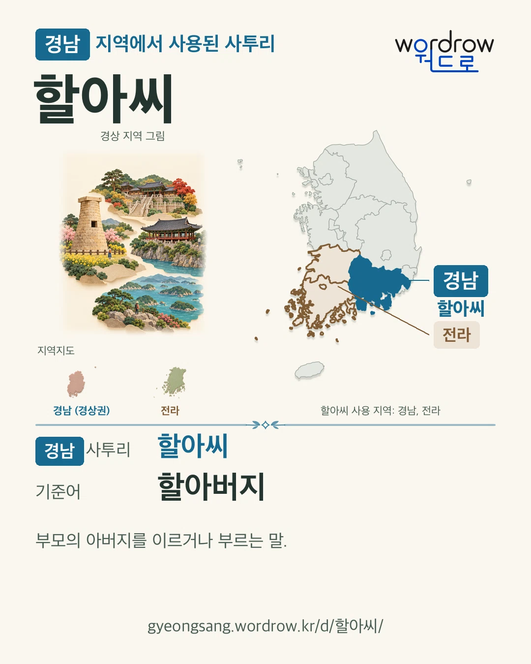 경남 지역에서 사용된 사투리 ‘할아씨’. 기준어: 할아버지. 기록 지역을 표시한 지역 그림과 지도 카드.