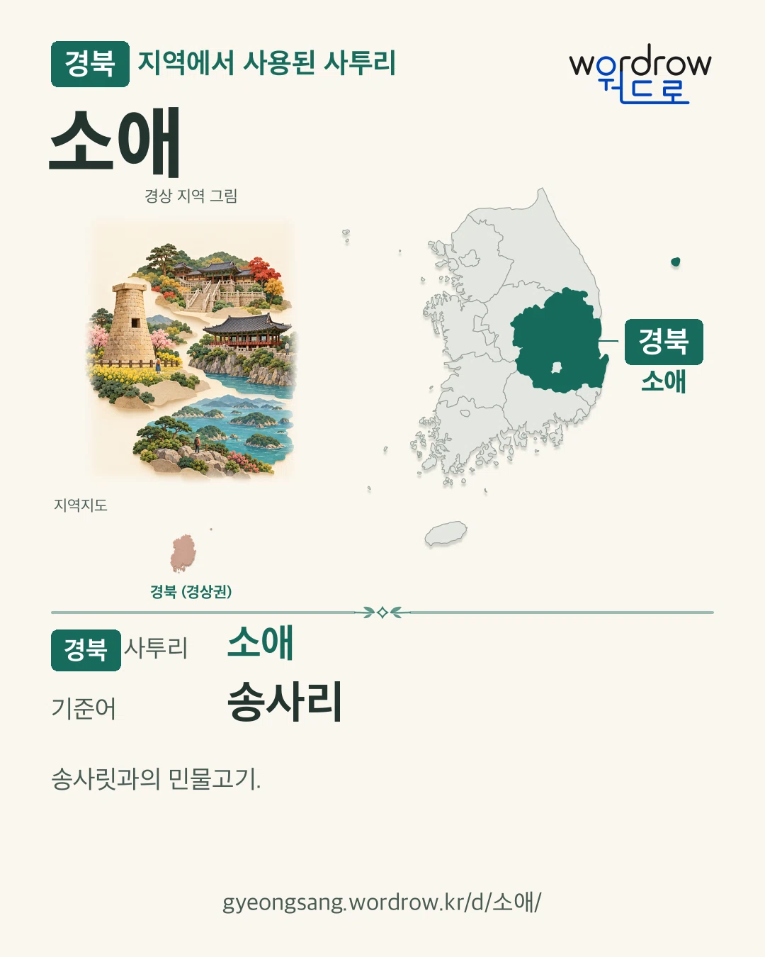 경북 지역에서 사용된 사투리 ‘소애’. 기준어: 송사리. 기록 지역을 표시한 지역 그림과 지도 카드.